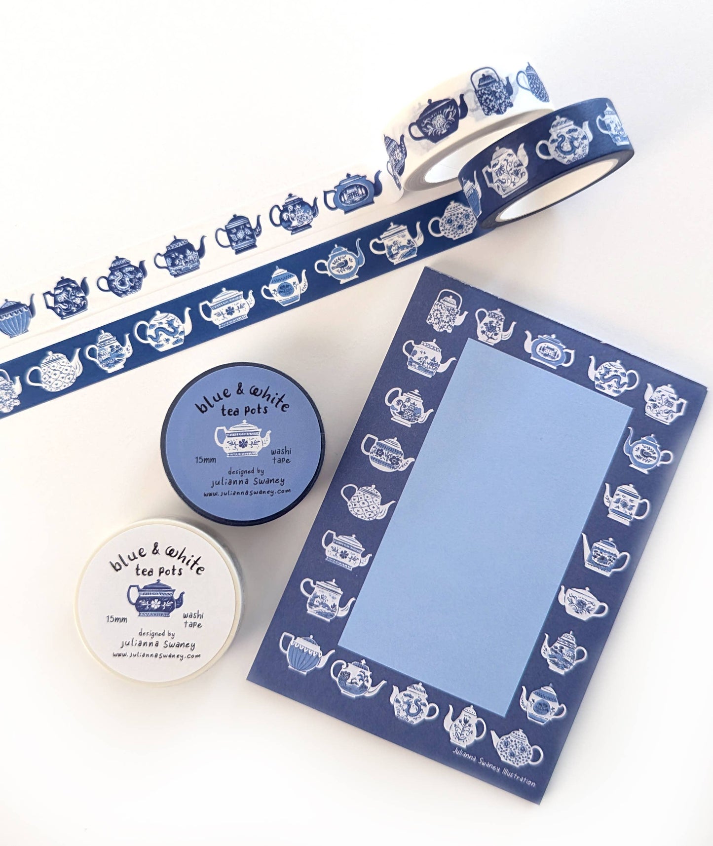 Blue & White Teapots 15mm Washi Tape White Background