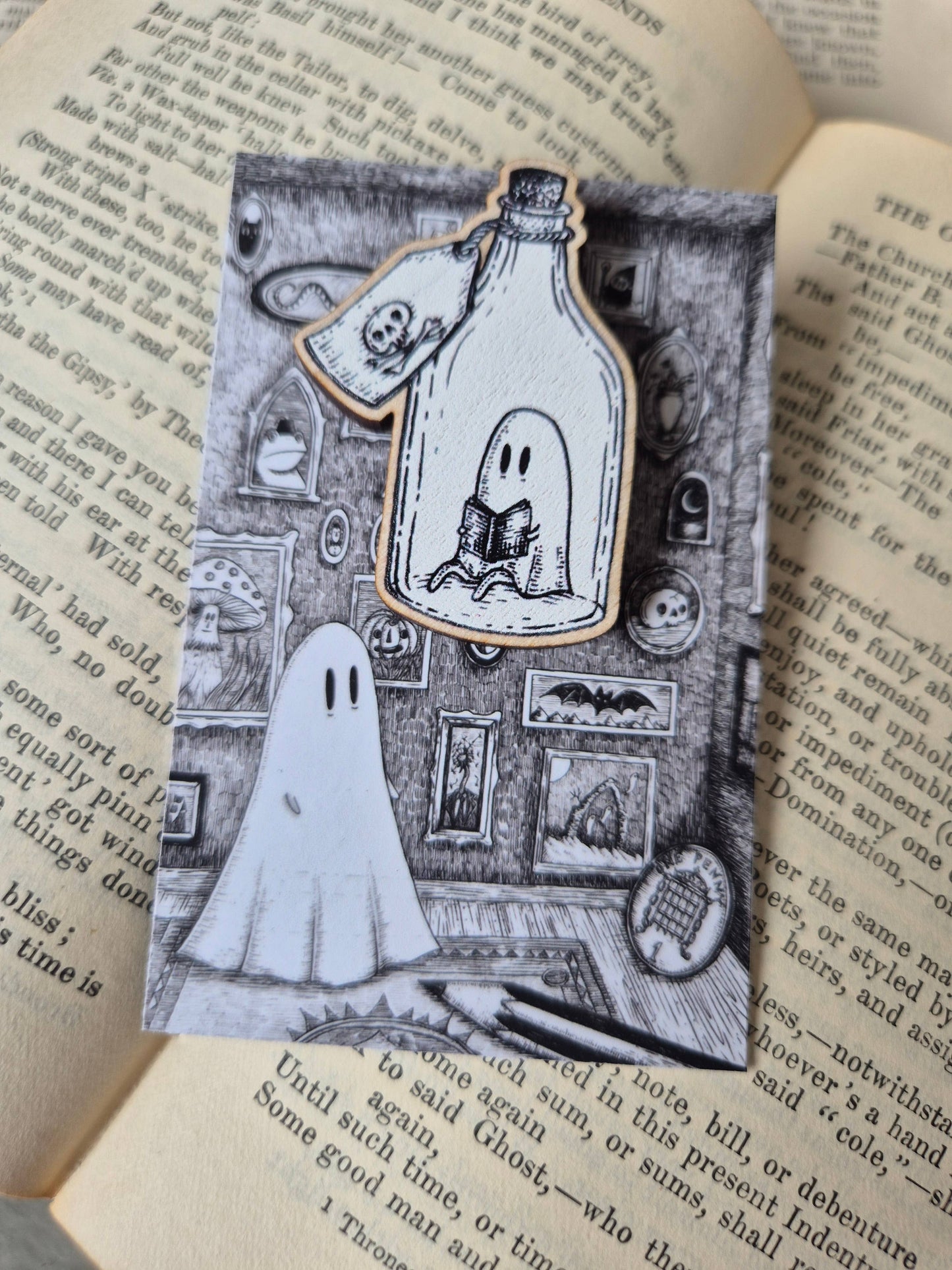 Ghostie in a Bottle Wooden Pin Badge