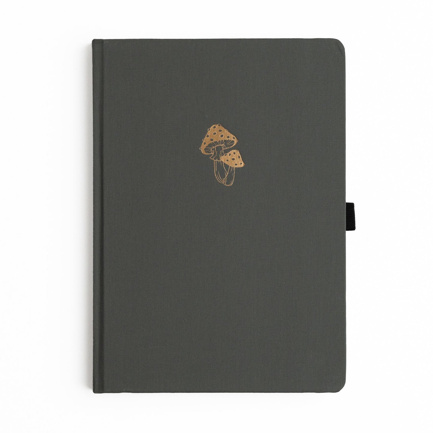 Archer and Olive Mushroom Notebook Dot Grid Spring 2025 Collection Double Mushroom Gray Cover featuring a double mushroom pattern debossed in gold available in sizes A5, B5, and Traveler's Notebook. Wholesale exclusive. This is a picture of the B5 size with a gray linen cover and double mushroom debossed in gold.