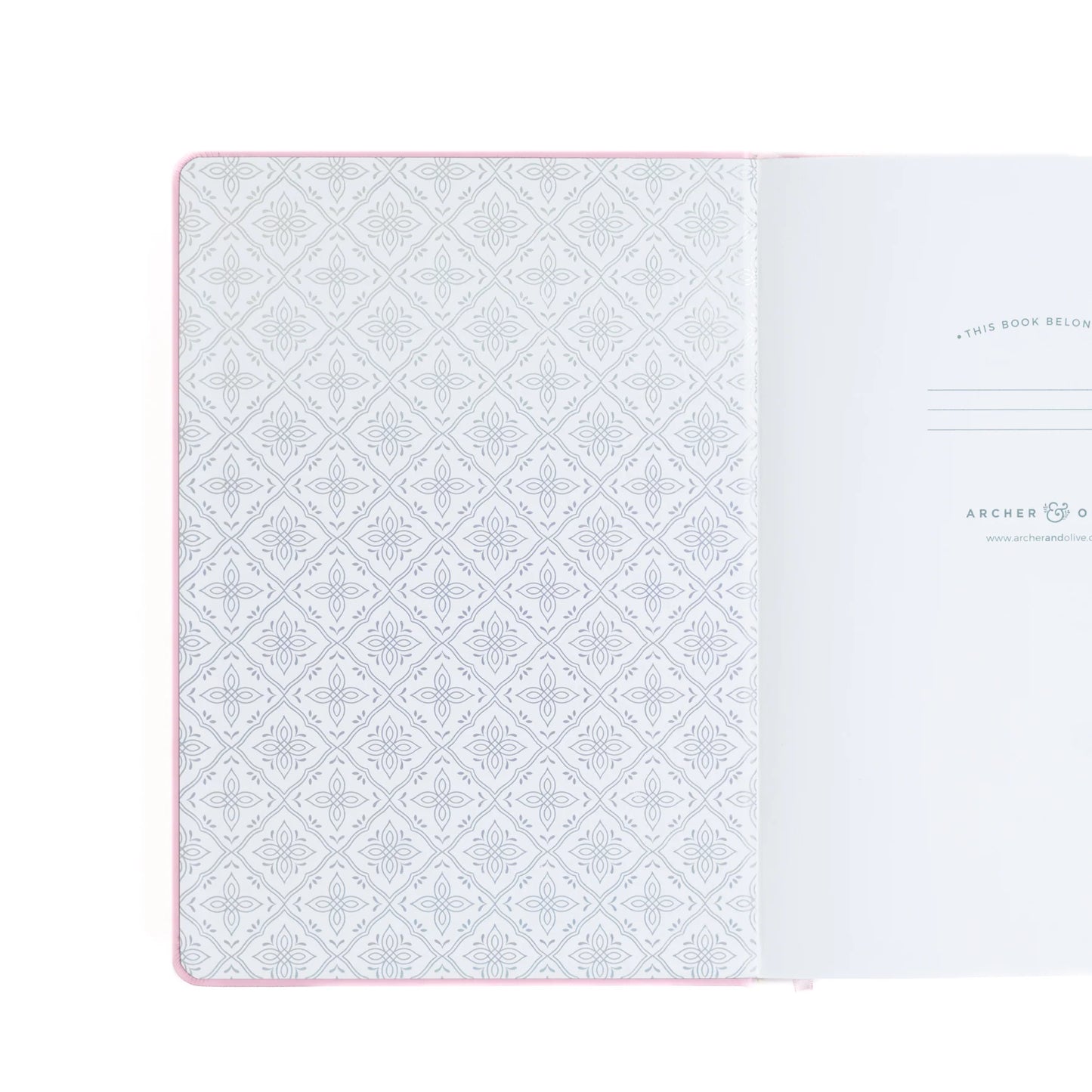 Archer and Olive Storybook in Pink - B6 Notebook interior cover with a silver embossed pattern and a page where you can write your name.