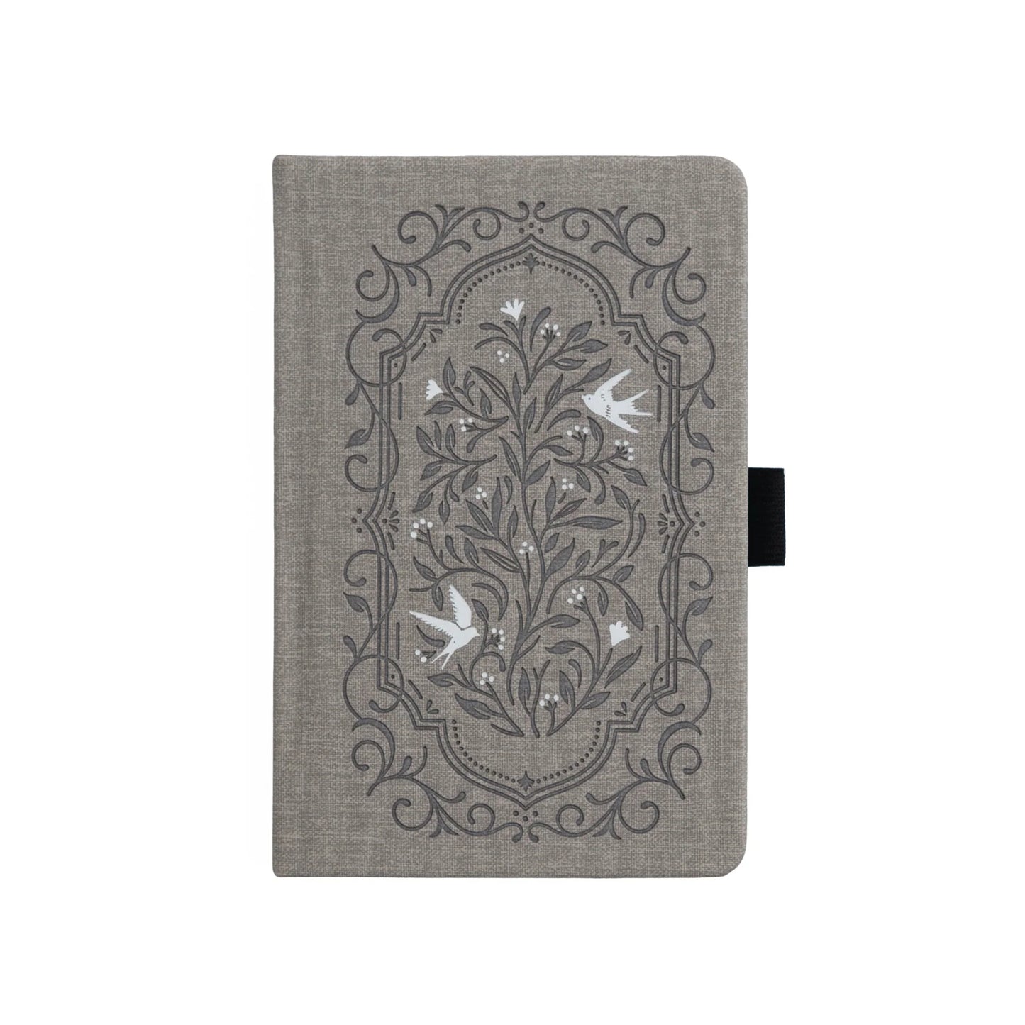 Archer and Olive Gray notebook with floral and bird design on a white background