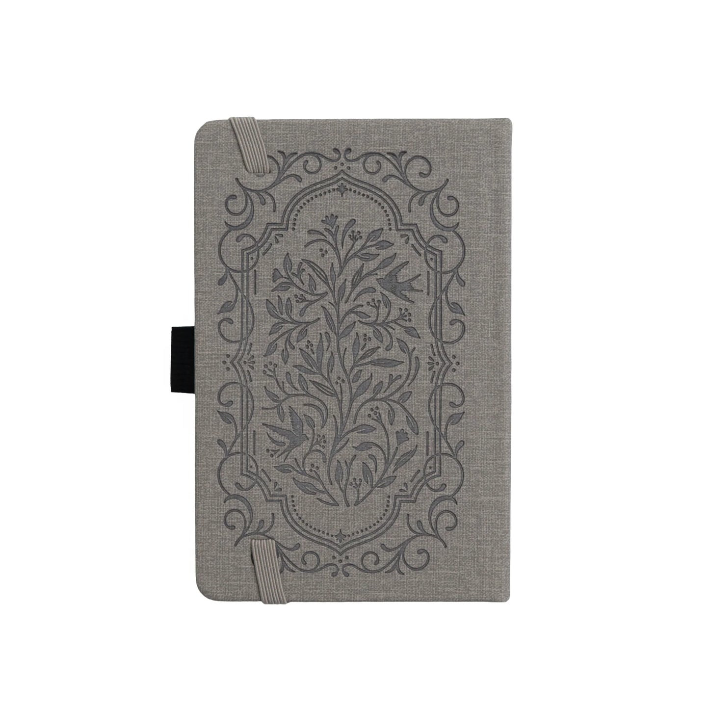 Archer and olive back cover of songbird pocket size notebook features floral arrangement across a gray cover.