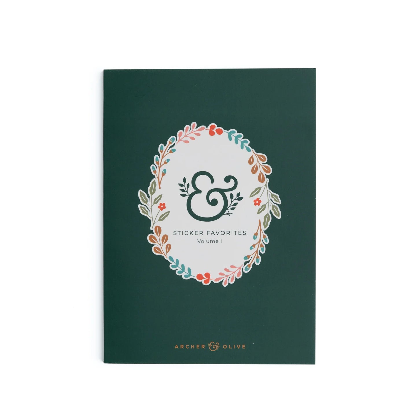 Green sticker Favorites Volume book with decorative cover on a white background. This is the cover of the Archer and Olive Sticker Favorites Pack Volume 1.