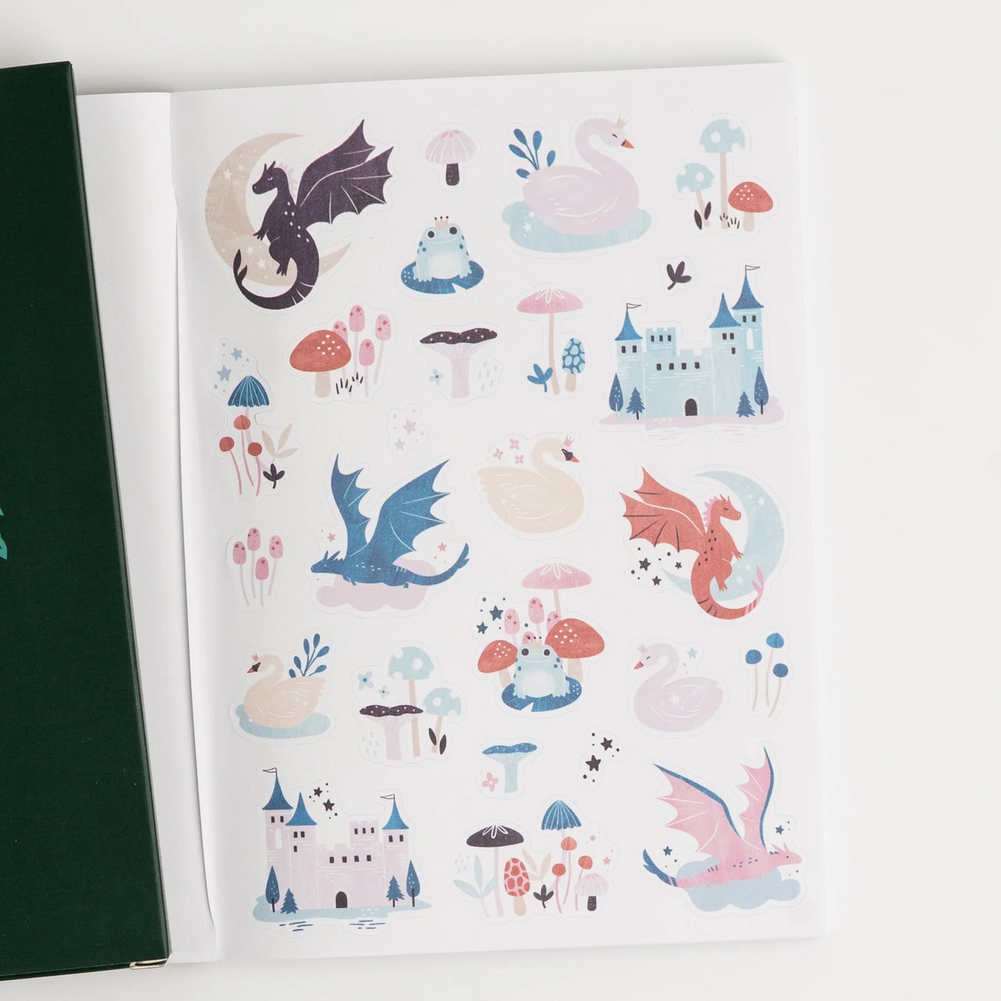 Sheet of stickers with dragons, castles, and other fantasy-themed designs on a white background. This is a sheet in the Archer and Olive Sticker Favorites Pack Volume 1.