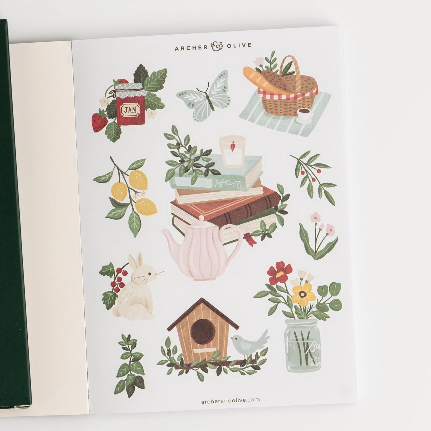 Sheet of decorative stickers with jam, picnic, and nature-themed illustrations on a white background, featuring brand 'Archer & Olive'. This is a sheet in the Archer and Olive Sticker Favorites Pack Volume 1.