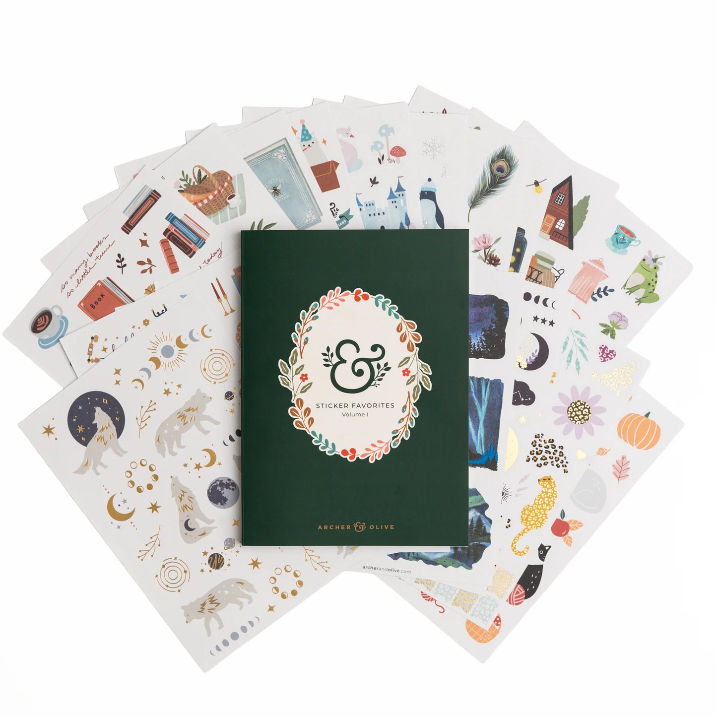 Collection of sticker sheets with a central green book titled 'Sticker Favorites' on a white background. This is an overview of the Archer and Olive Sticker Favorites Pack Volume 1.