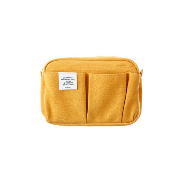 Yellow pouch with a white label with Delfonics brand text. The pouch has several pockets on the front.