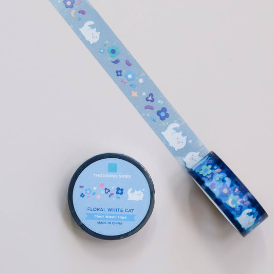 PET Tape (Transparent) Floral White Cat