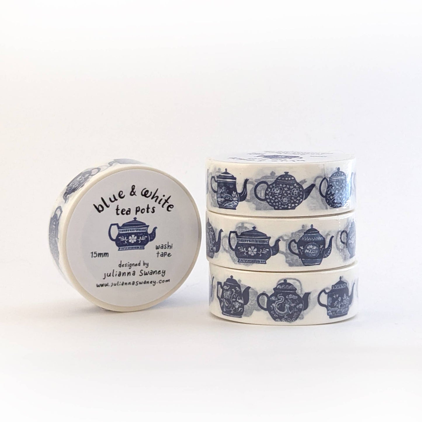 Blue & White Teapots 15mm Washi Tape White Background