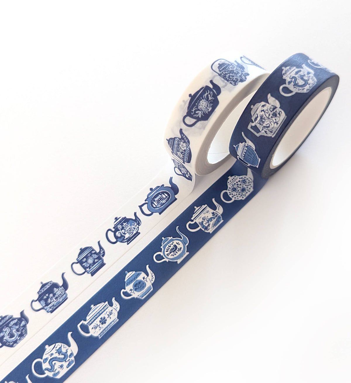 Blue & White Teapots 15mm Washi Tape White Background