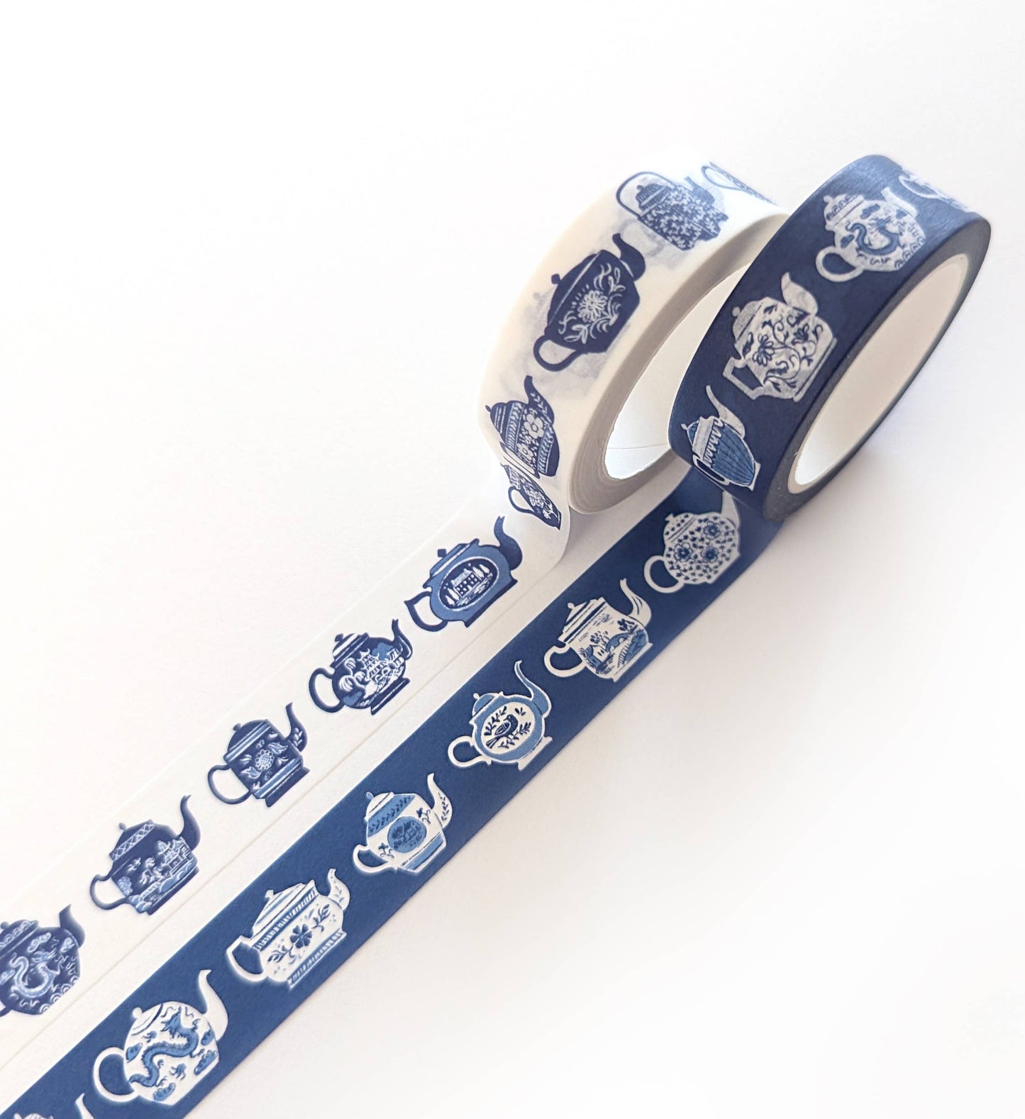 Blue & White Teapots 15mm Washi Tape Blue Background