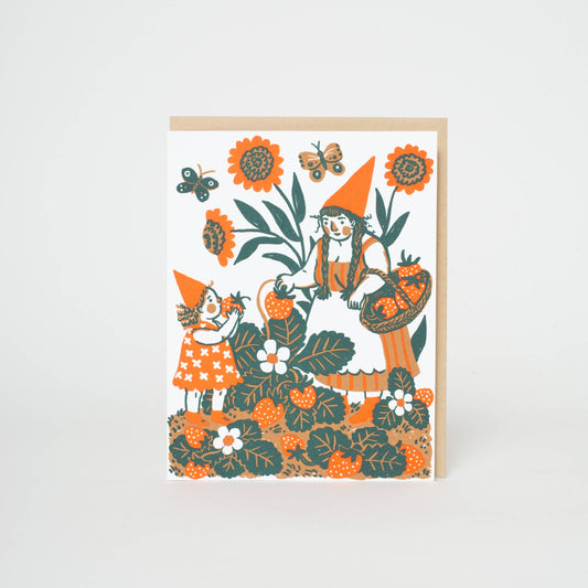 Strawberry Picking Gnome Letterpress Greeting Card by Phoebe Wahl