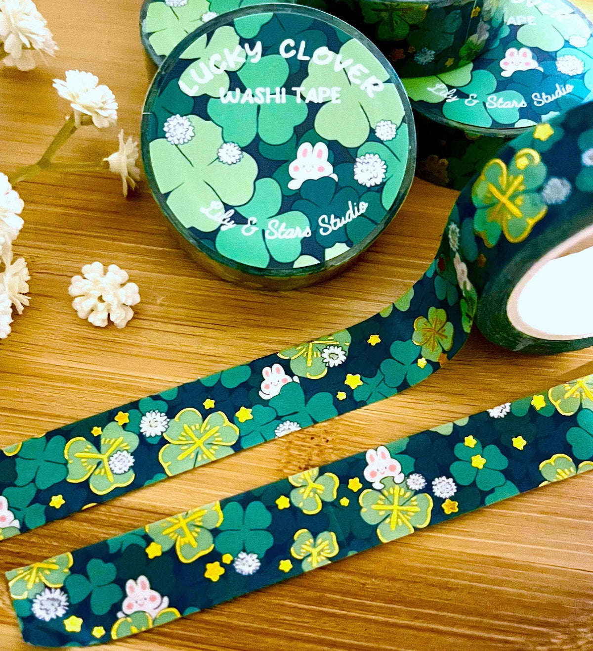 Four Leaf Clover Washi Tape • Gold Foil Lucky Bunny (15mm x 10m)