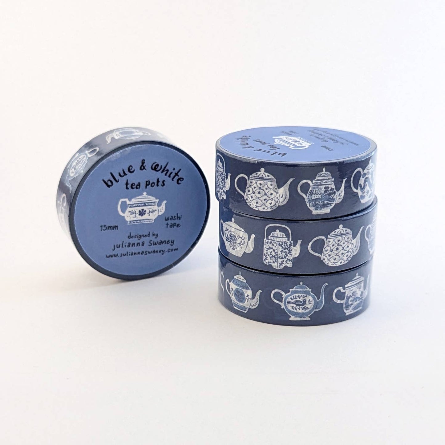 Blue & White Teapots 15mm Washi Tape Blue Background