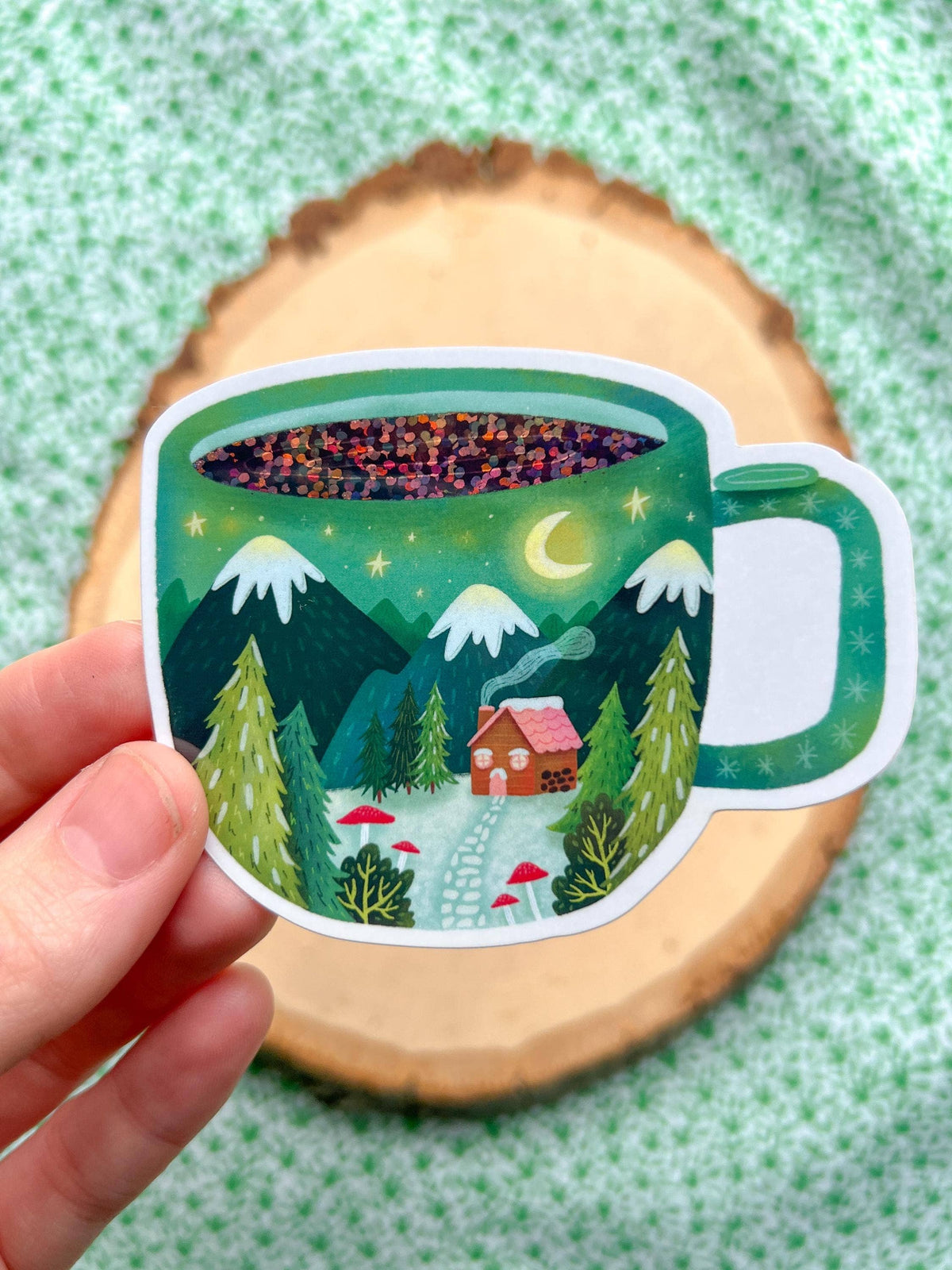 Cabin in Coffee Mug Sticker – Glittery Nature Vinyl Decal