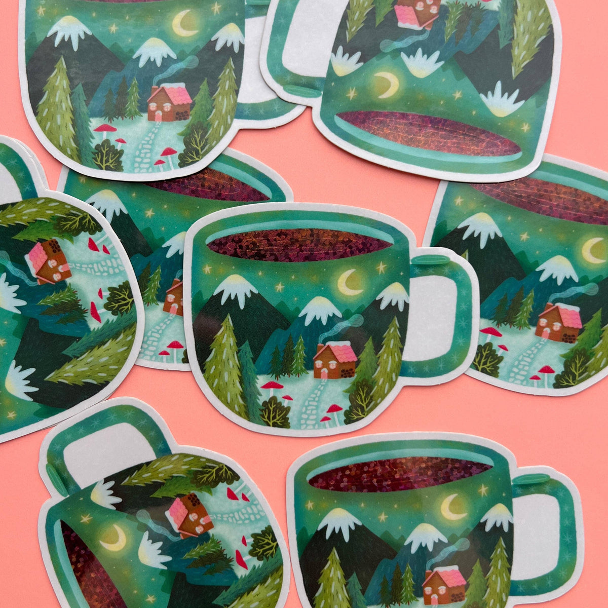 Cabin in Coffee Mug Sticker – Glittery Nature Vinyl Decal