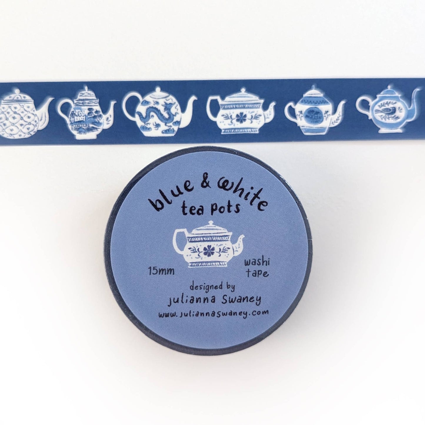 Blue & White Teapots 15mm Washi Tape Blue Background
