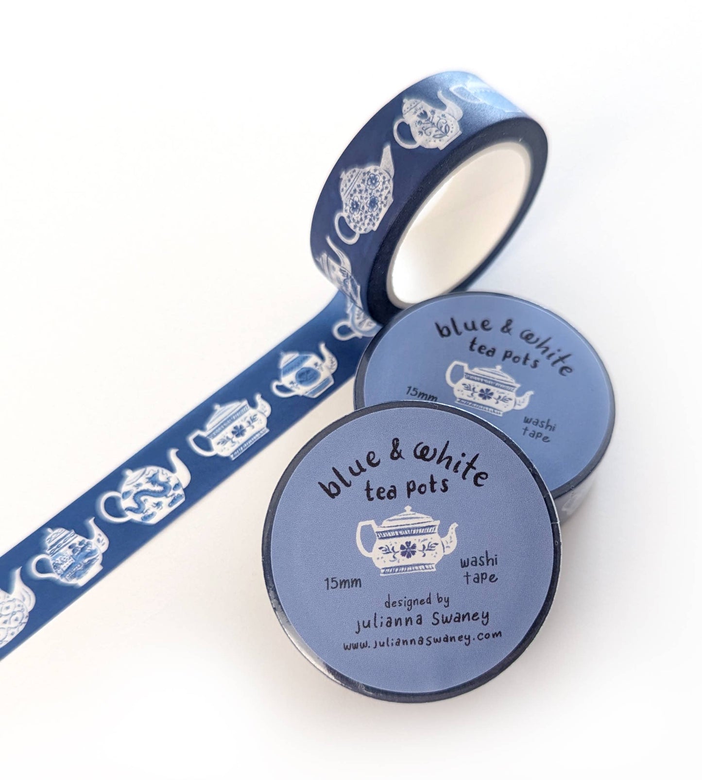 Blue & White Teapots 15mm Washi Tape Blue Background