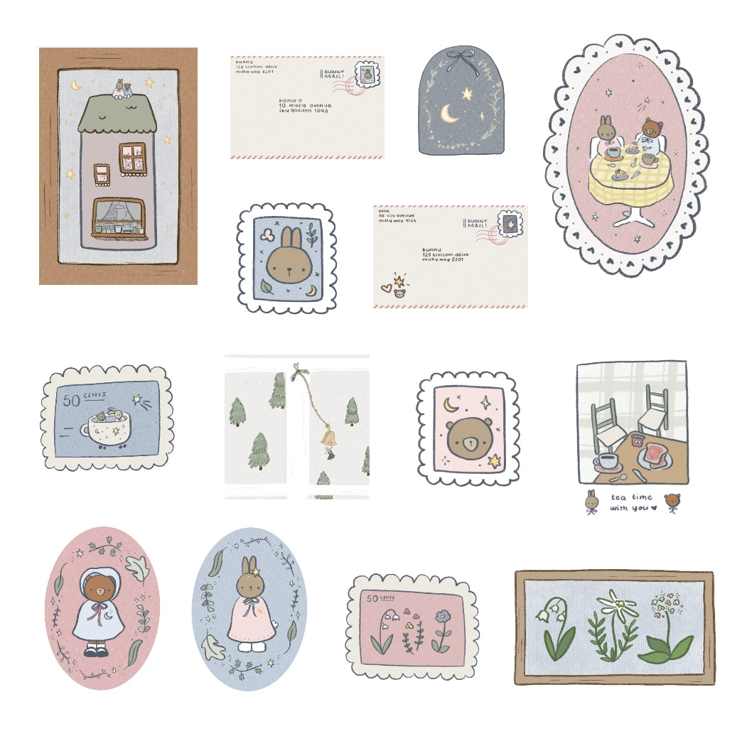 Collection of illustrated bunny and bear stickers in the shape of letters and stamps postcards and stationery items on a white background.