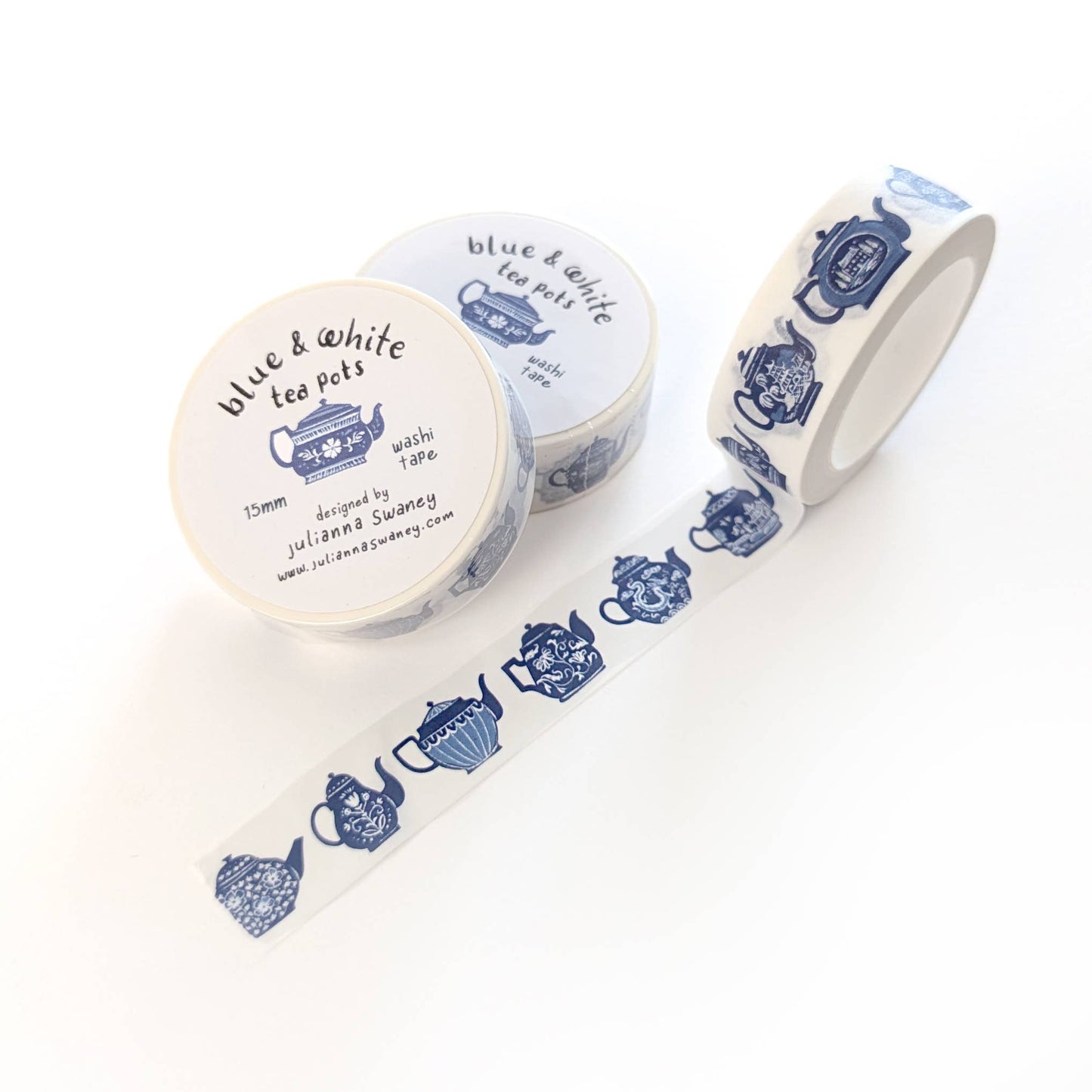 Blue & White Teapots 15mm Washi Tape White Background