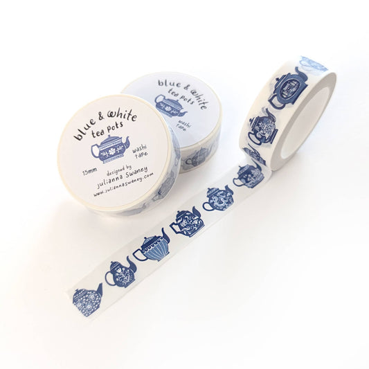 Blue & White Teapots 15mm Washi Tape White Background