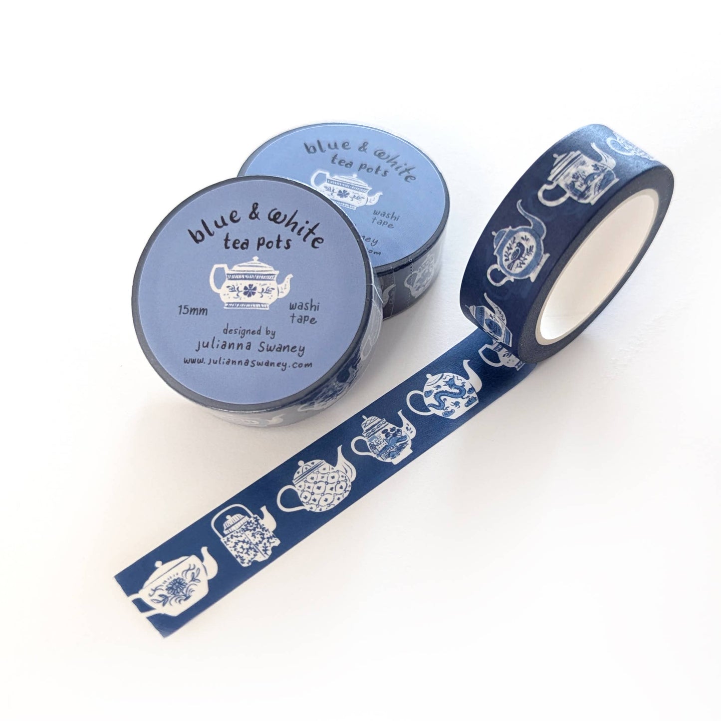Blue & White Teapots 15mm Washi Tape Blue Background
