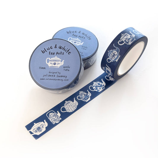 Blue & White Teapots 15mm Washi Tape Blue Background