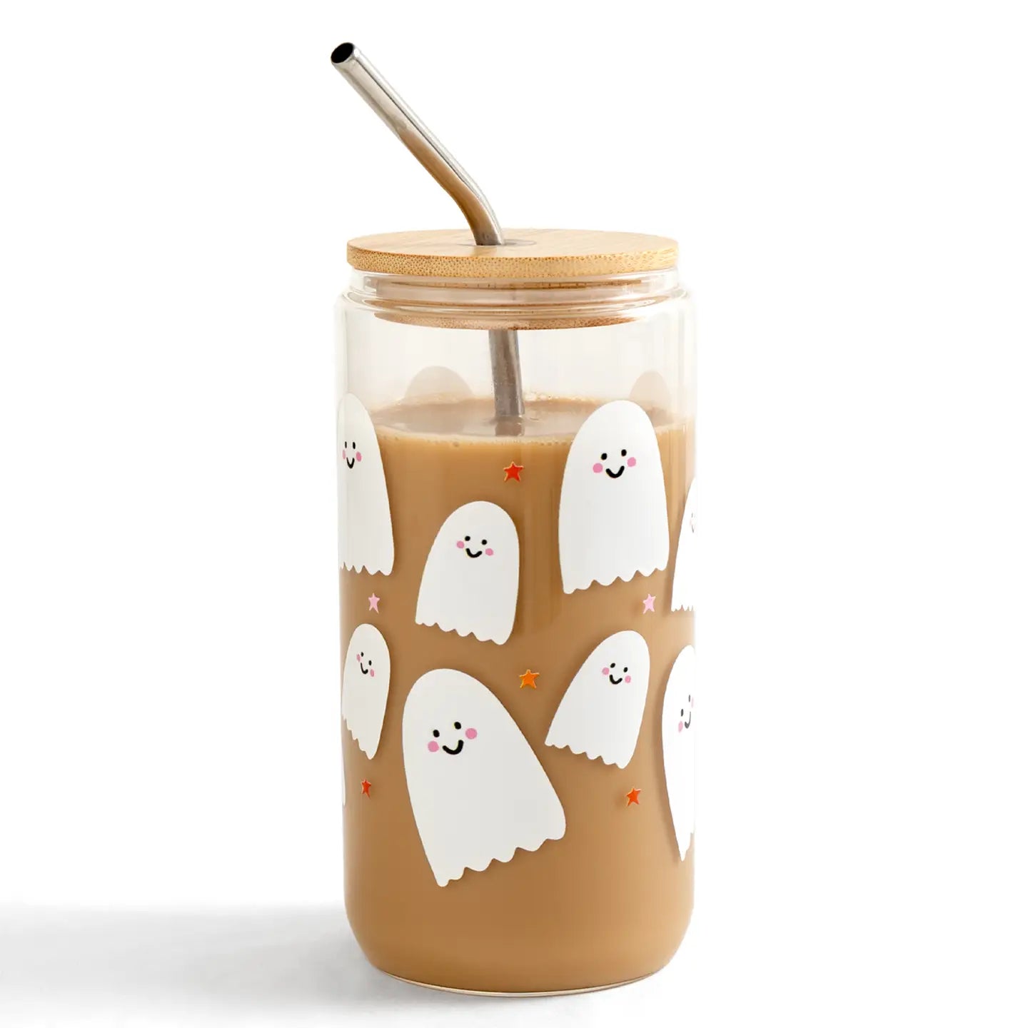Tumbler with ghost designs and a straw on a white background