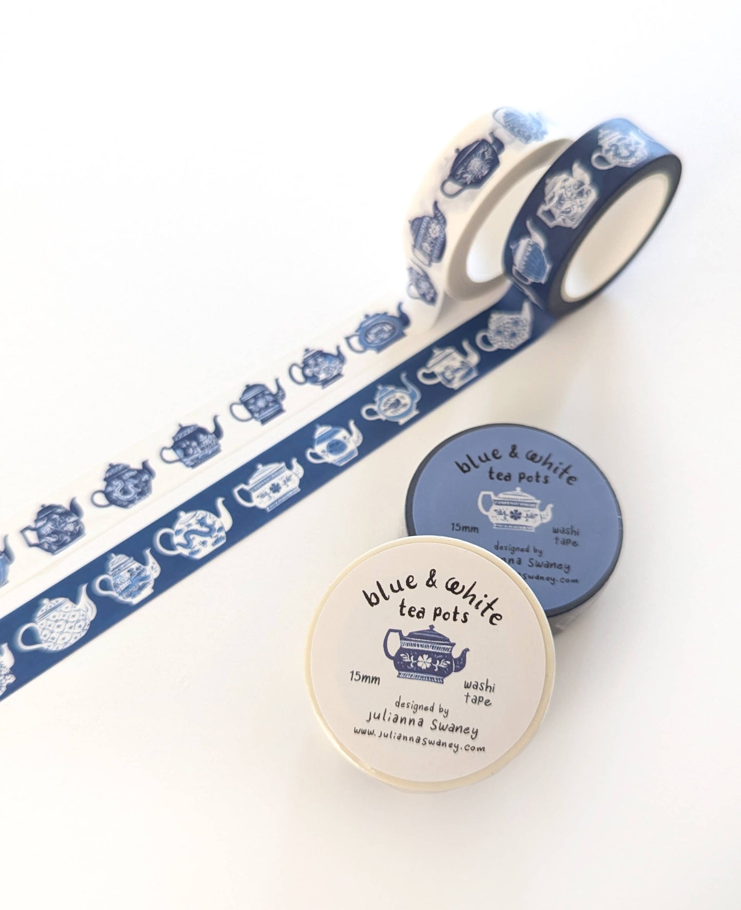 Blue & White Teapots 15mm Washi Tape Blue Background