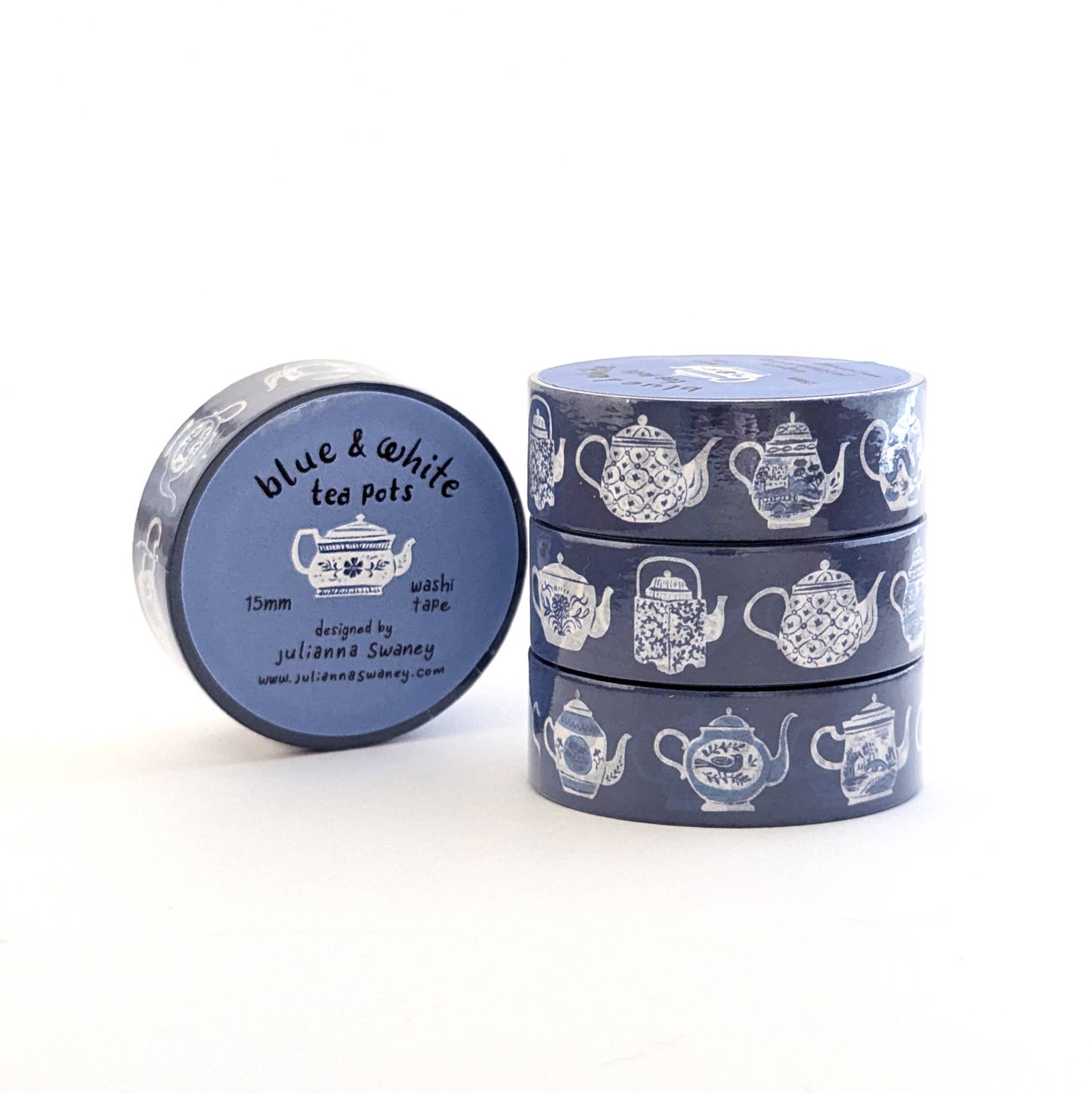 Blue & White Teapots 15mm Washi Tape Blue Background