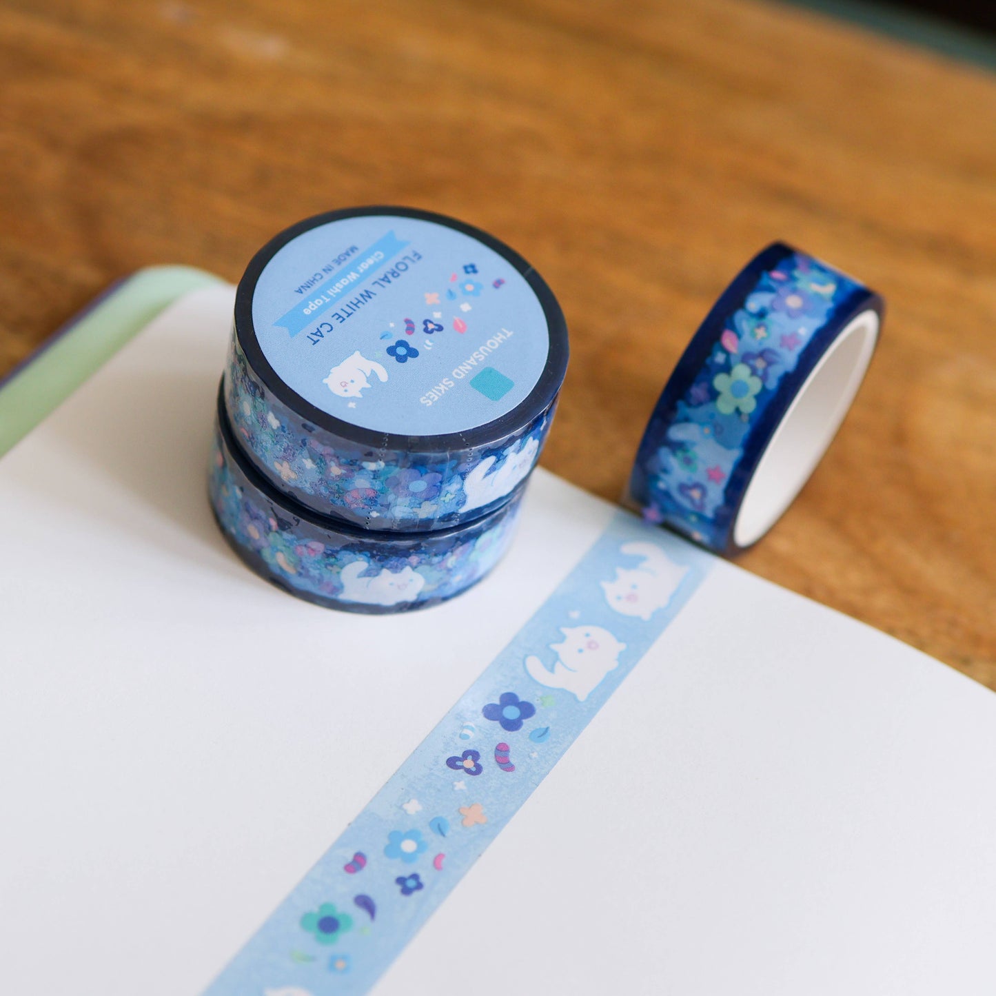 PET Tape (Transparent) Floral White Cat