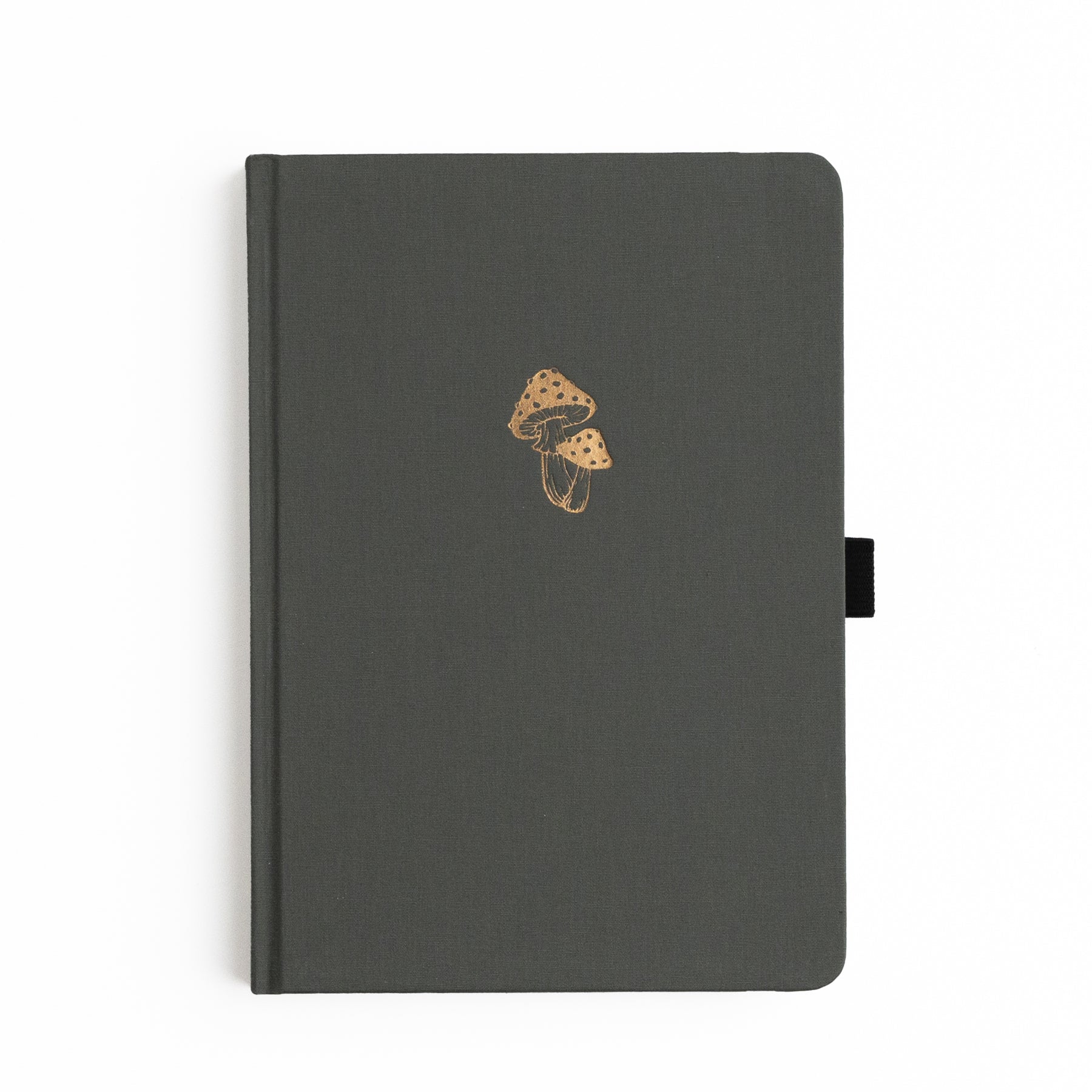 Archer and Olive Mushroom Notebook Dot Grid Spring 2025 Collection Double Mushroom Gray Cover featuring a double mushroom pattern debossed in gold available in sizes A5, B5, and Traveler's Notebook.
