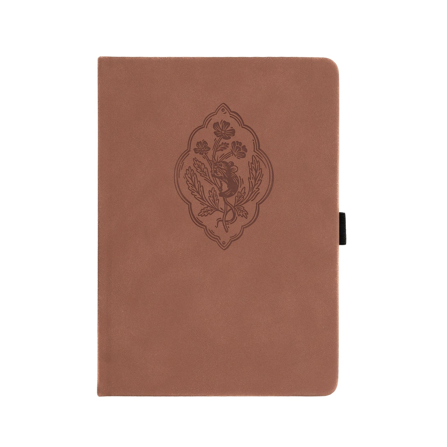 Archer and Olive Brown notebook with embossed design on a white background with a cute little field mouse hugging an floral pattern. Debossed on brown leather.