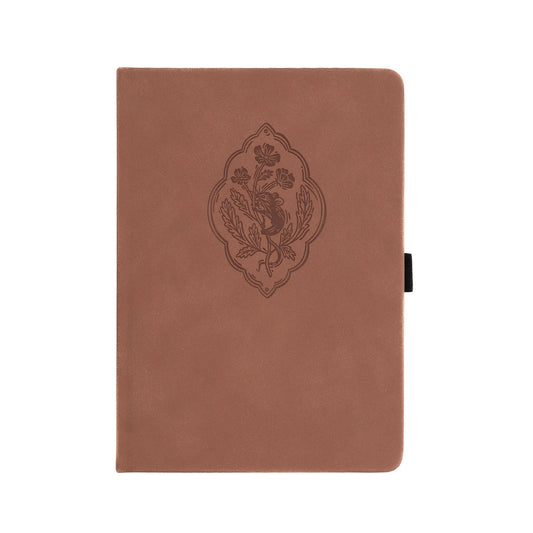 Archer and Olive Brown notebook with embossed design on a white background with a cute little field mouse hugging an floral pattern. Debossed on brown leather.