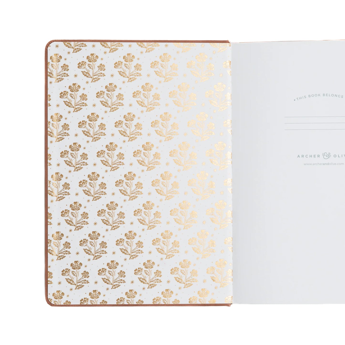 Archer and Olive Brown interior of Field Mouse notebook features gold pattern of flowers and the first page with a nameplate.