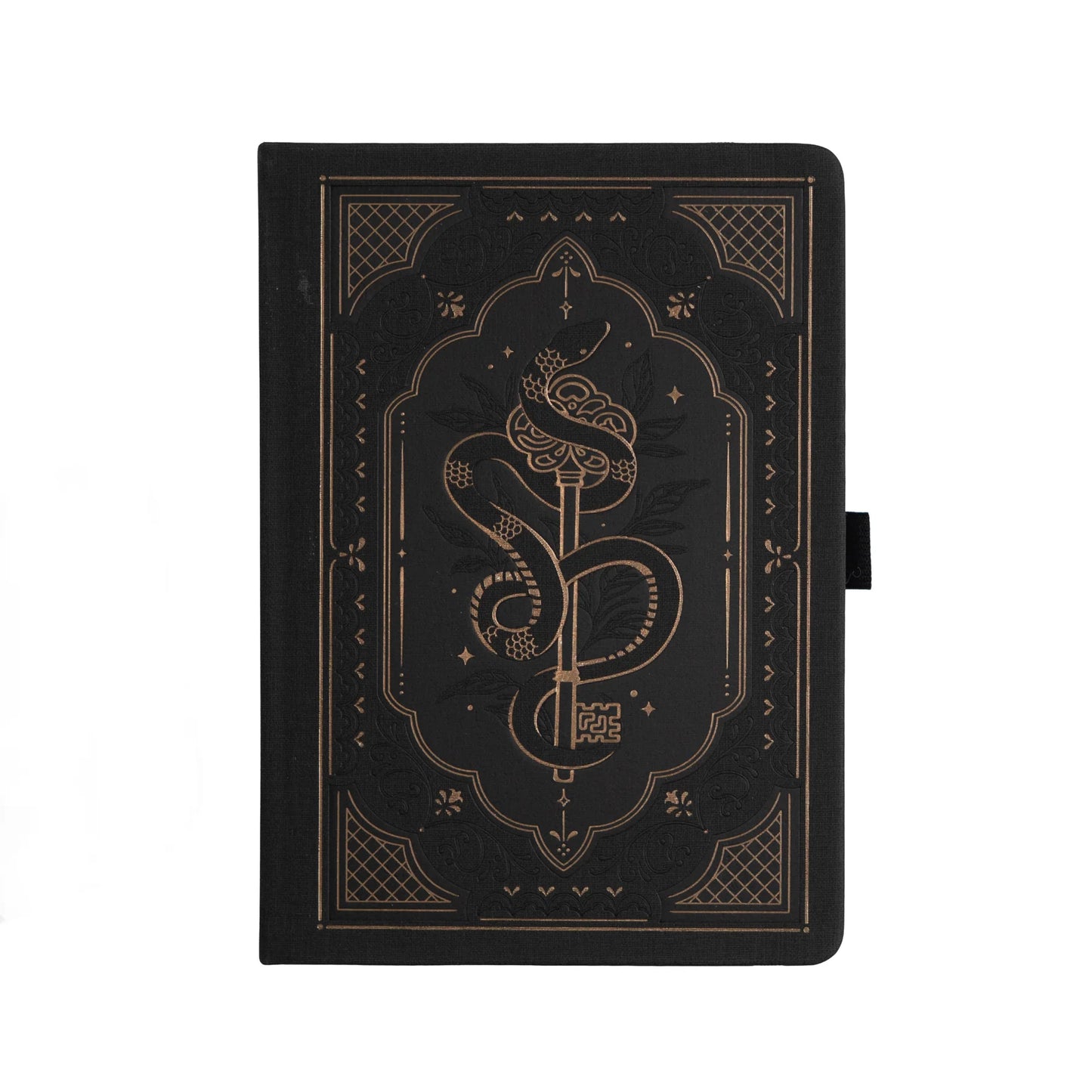 Snake coiled around a key cover. Archer and Olive Halloween Notebook. Black notebook with gold embossed design on a black background
