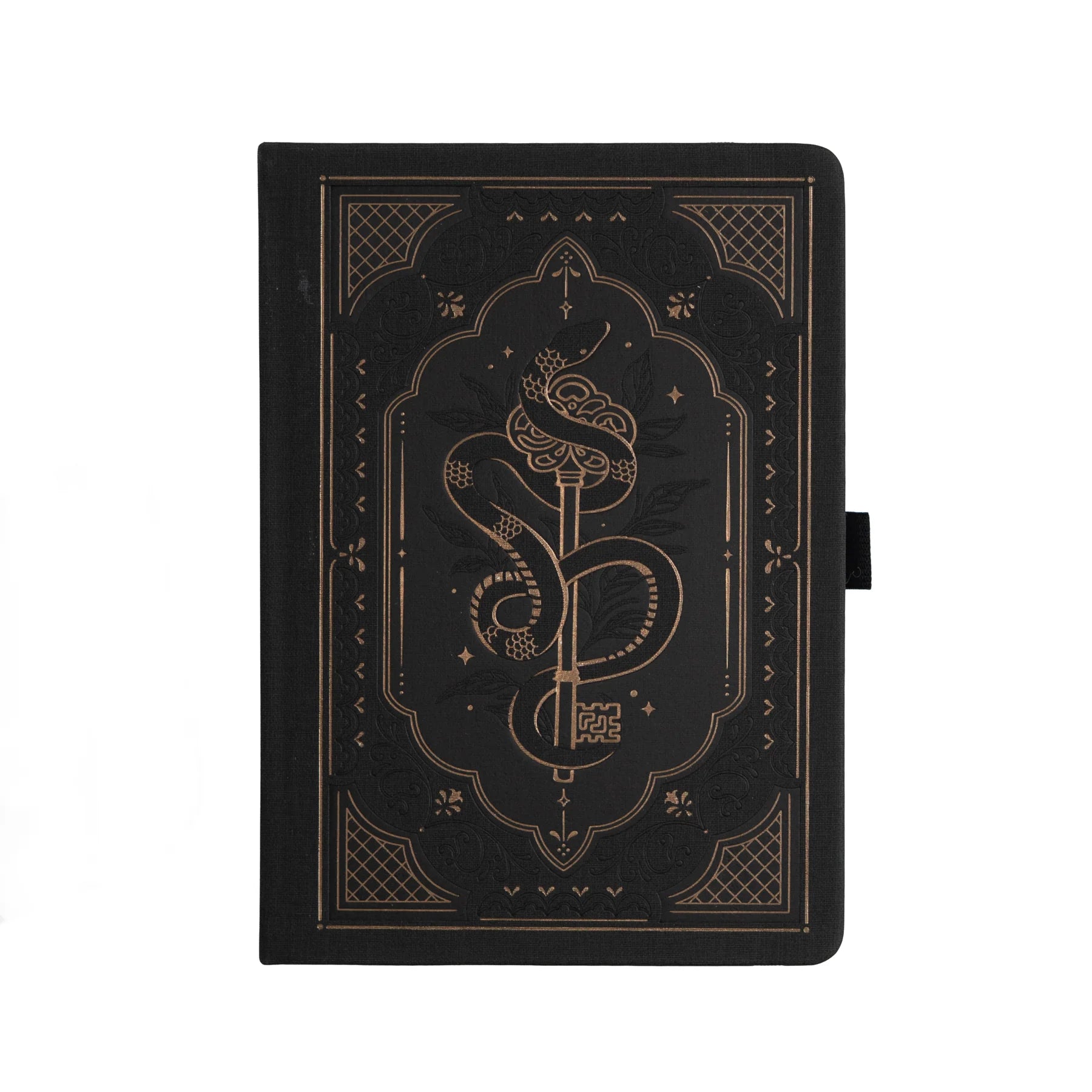 Snake coiled around a key cover. Archer and Olive Halloween Notebook. Black notebook with gold embossed design on a black background
