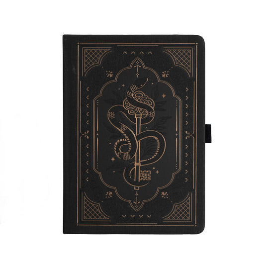 Snake coiled around a key cover. Archer and Olive Halloween Notebook. Black notebook with gold embossed design on a black background