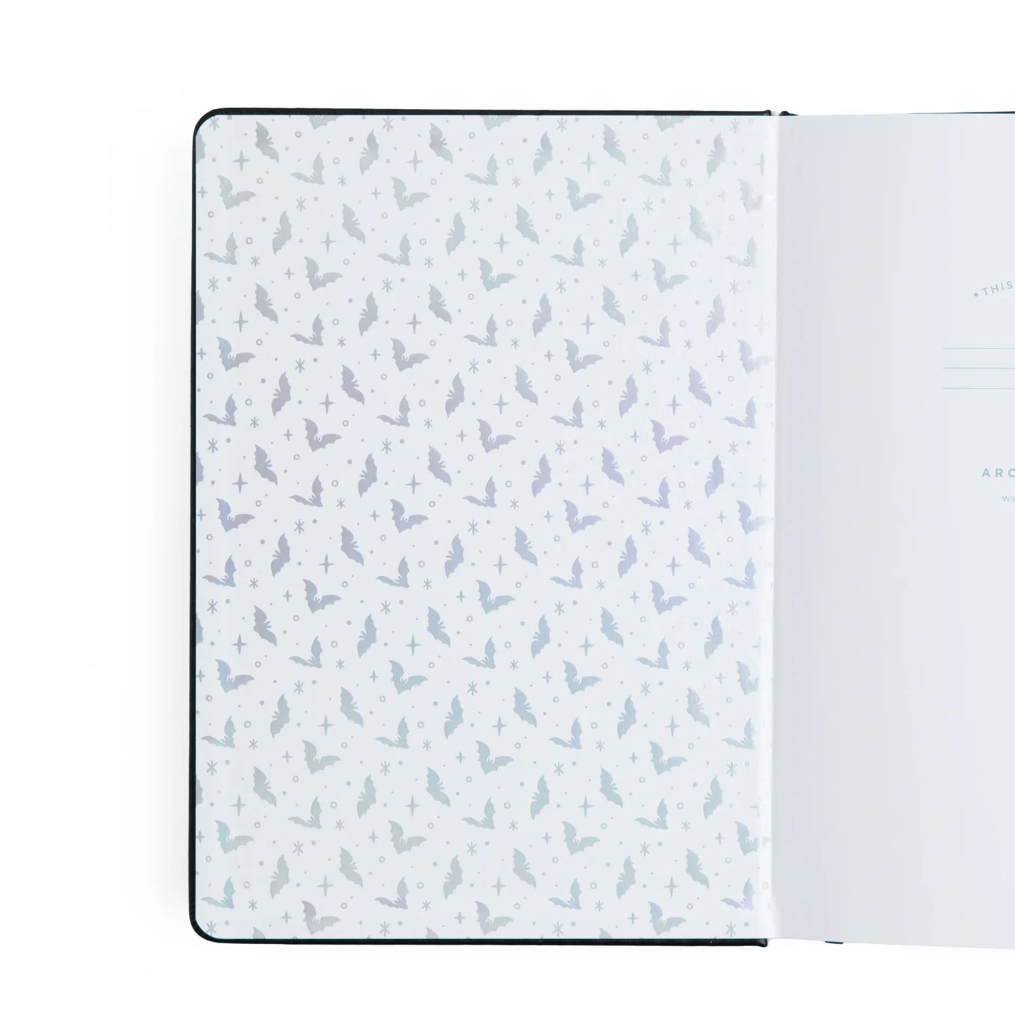 Archer and Olive Cute Bat - Interior Cover. Notebook with bat pattern on black background