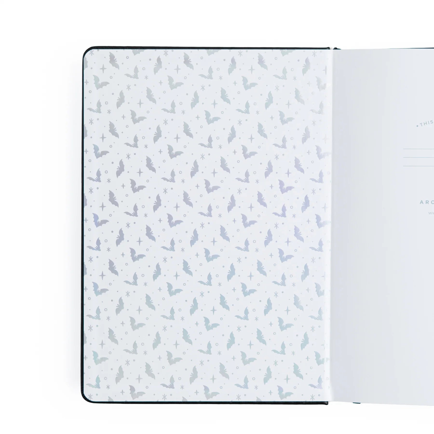 Archer and Olive Cute Bat - Interior Cover. Notebook with bat pattern on black background