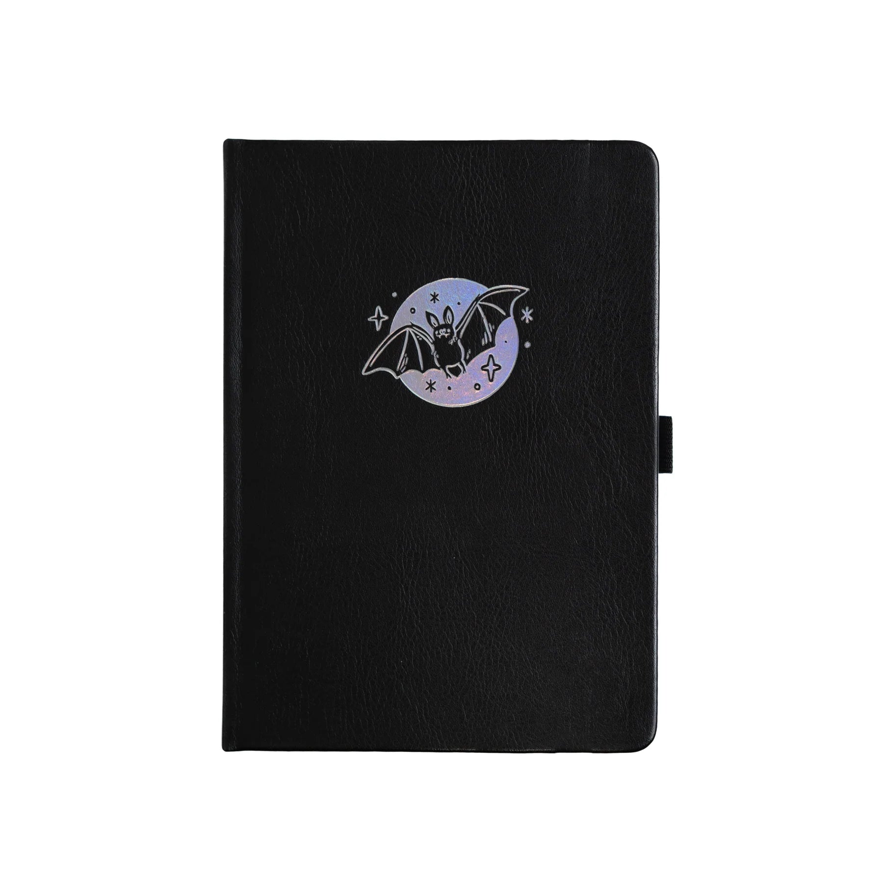 Archer and Olive Cute Bat - Cover. Black notebook with a bat illustration on a black background