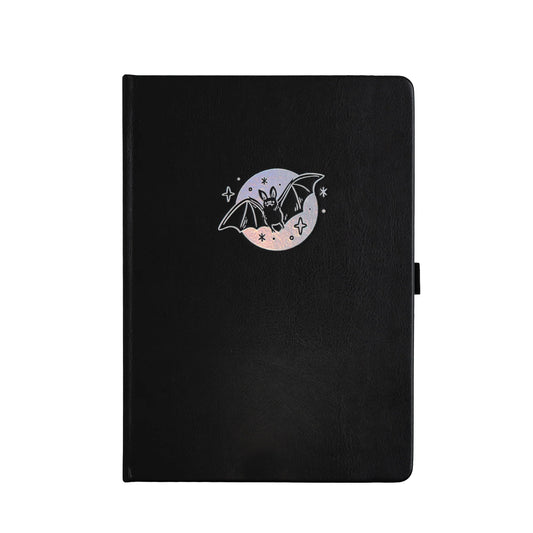 Archer and Olive Cute Bat - Black notebook with a bat illustration on a moon background