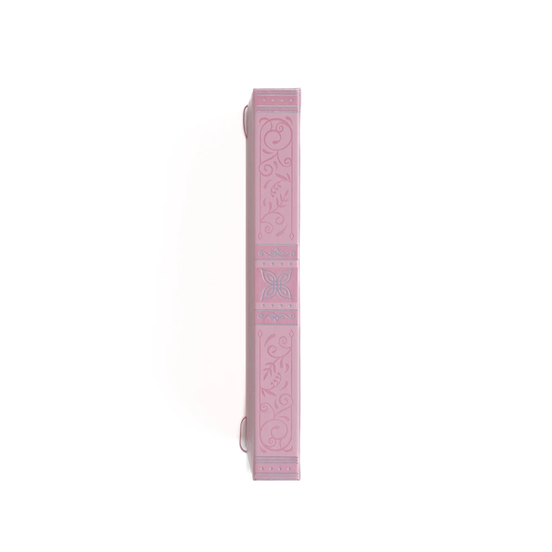 Archer and Olive Storybook in Pink  Notebook with silver and pink debossed  pattern. This image shows the spine of the book which contains a full height pattern of swirls and florals in pink and silver. It's very pretty!