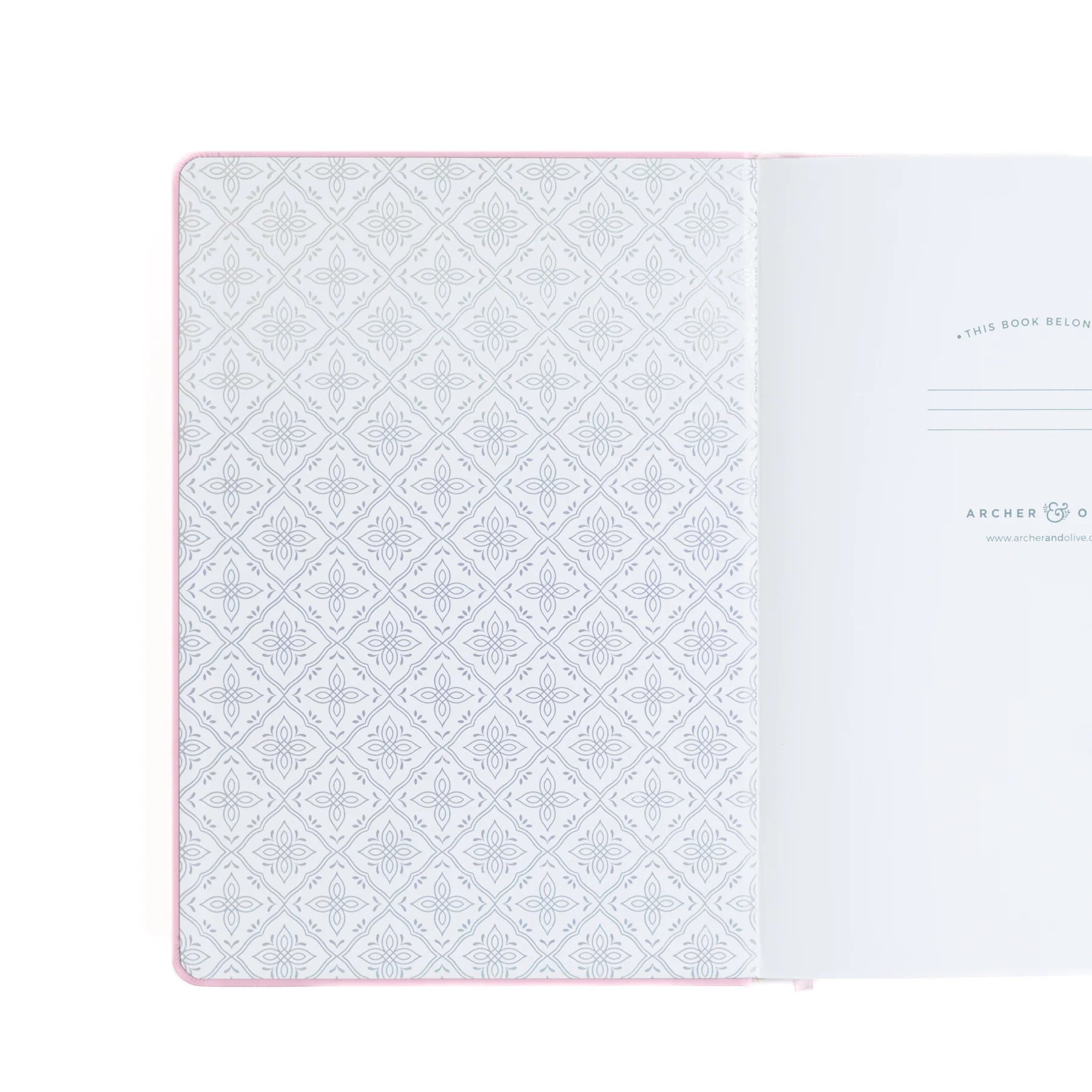 Archer and Olive Storybook in Pink - B6 Notebook interior cover with a silver embossed pattern and a page where you can write your name.
