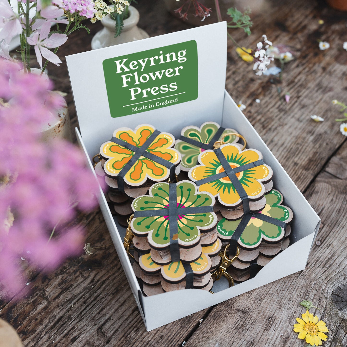 Keyring Flower Press - Green & Yellows