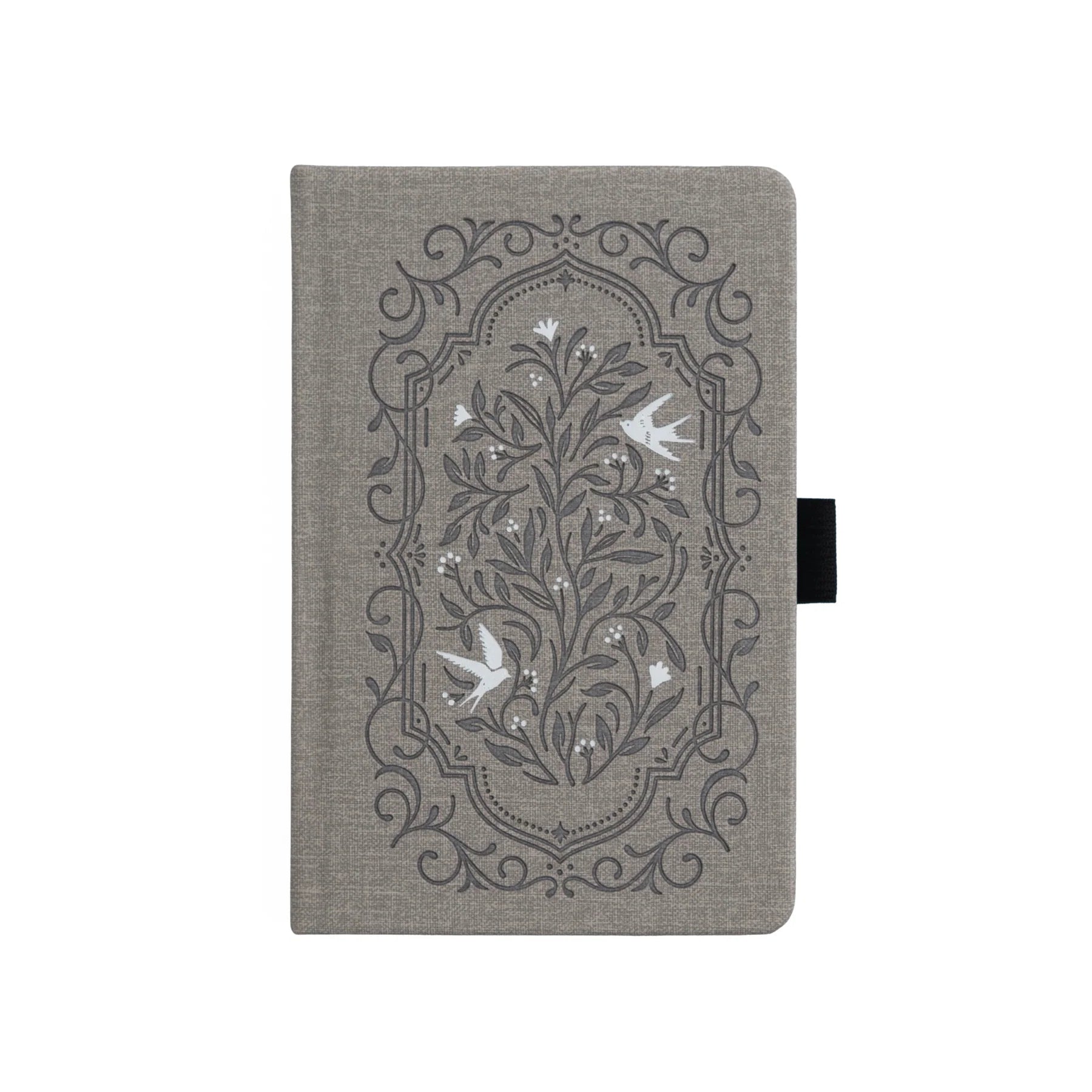 Archer and Olive Gray notebook with floral and bird design on a white background