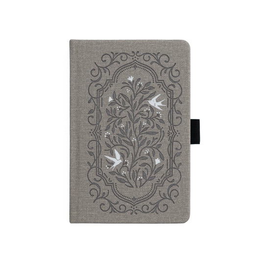 Archer and Olive Gray notebook with floral and bird design on a white background