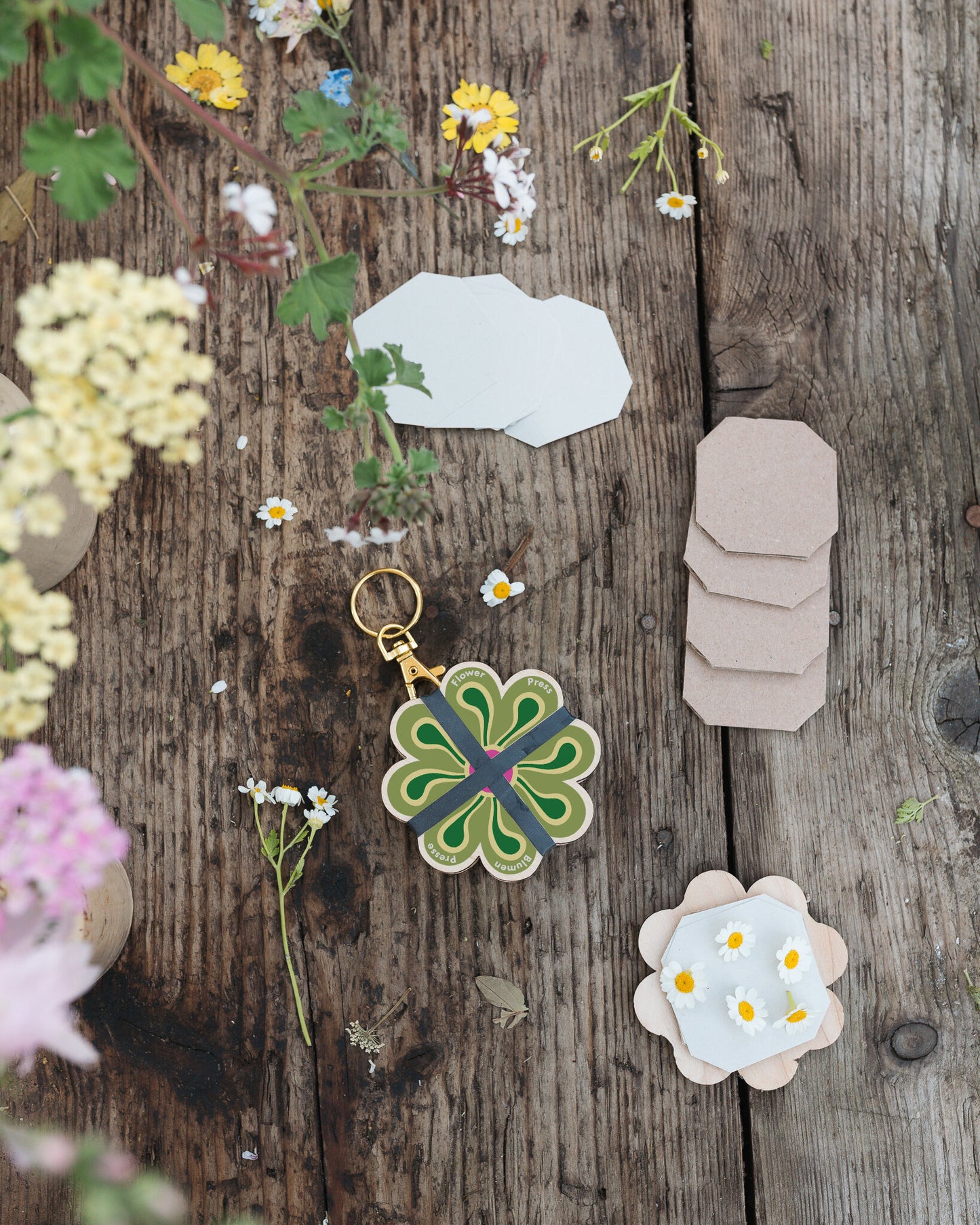 Keyring Flower Press - Green & Yellows