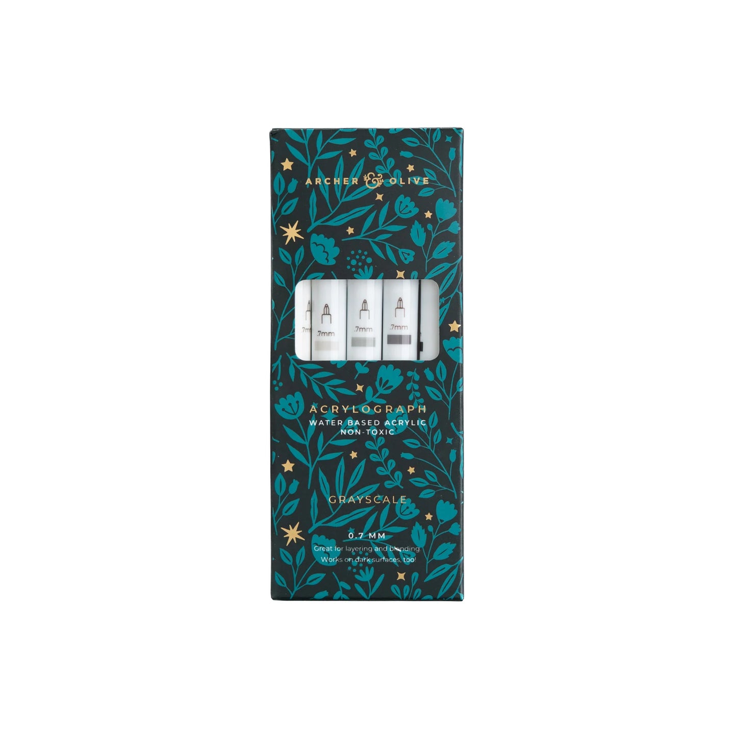 Archer and Olive Halloween 2025 Acrylograph grayscale pens Set of acrylic paint tubes in a decorative box with floral pattern on a white background