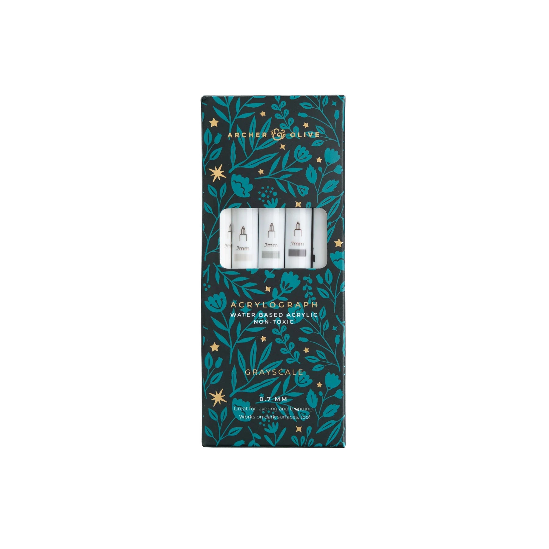 Archer and Olive Halloween 2025 Acrylograph grayscale pens Set of acrylic paint tubes in a decorative box with floral pattern on a white background